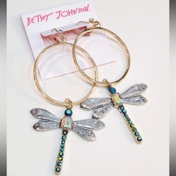 BETSEY JOHNSON SET Hoop Dragonfly Earrings & Matching Necklace AB Crystals NWT - Picture 11 of 13